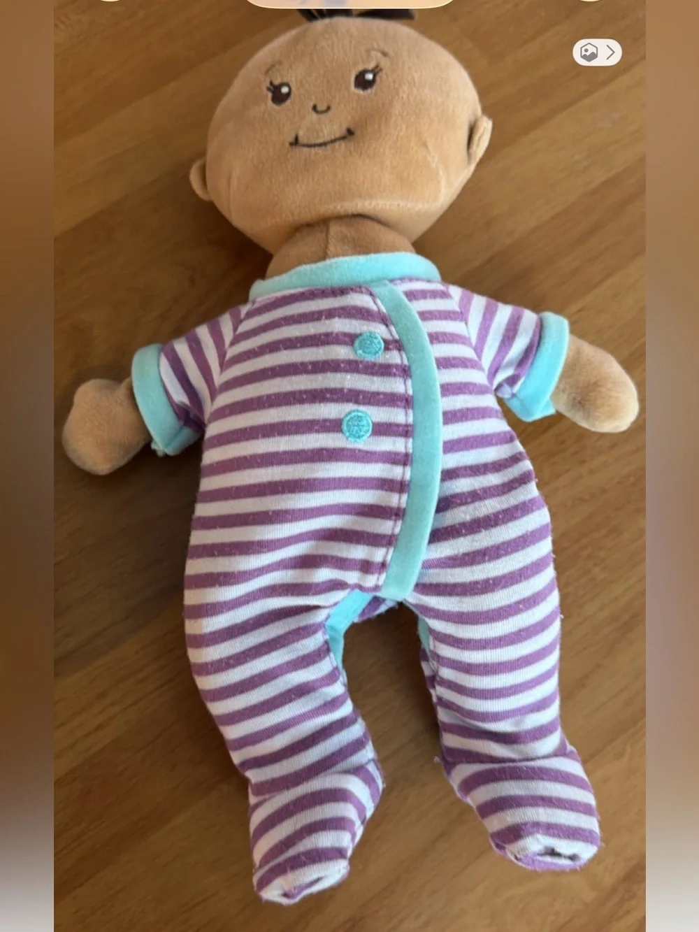 Striped Purple & White Baby Doll in Aqua Trim Stella doll with bottle